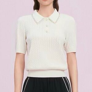Embellished-Collar Wool & Silk Cream Short Sleeve Knit Polo Top